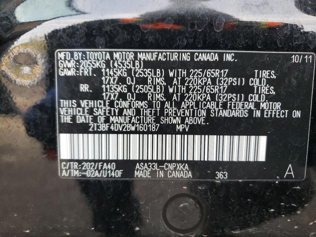 Photo 10 from auction – 2011 TOYOTA RAV4 with VIN 2T3BF4DV2BW160187