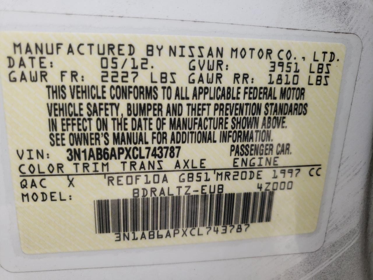 Photo 10 from auction – 2012 NISSAN SENTRA 2.0 with VIN 3N1AB6APXCL743787