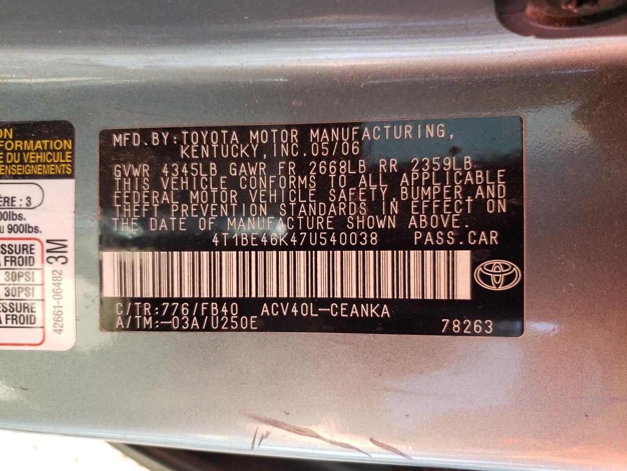 Photo 10 from auction – 2007 TOYOTA CAMRY CE with VIN 4T1BE46K47U540038