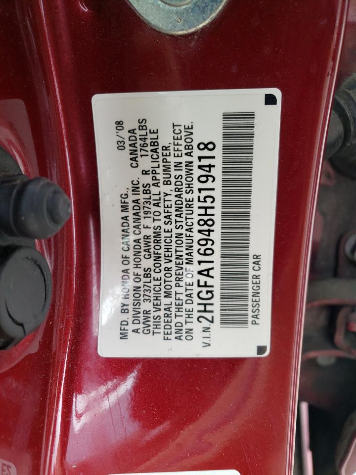 Photo 10 from auction – 2008 HONDA CIVIC EXL with VIN 2HGFA16948H519418
