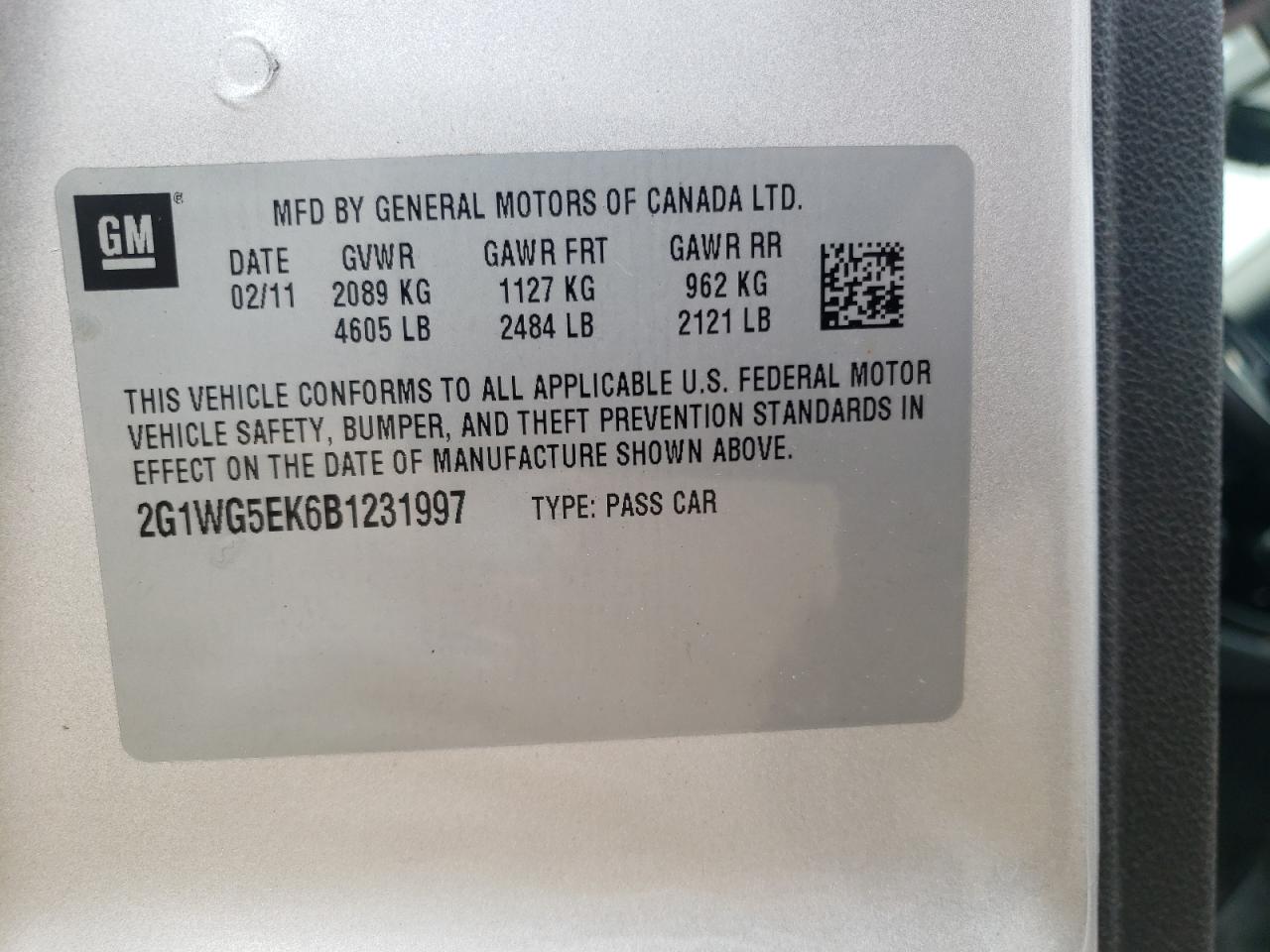 Photo 10 from auction – 2011 CHEVROLET IMPALA LT with VIN 2G1WG5EK6B1231997