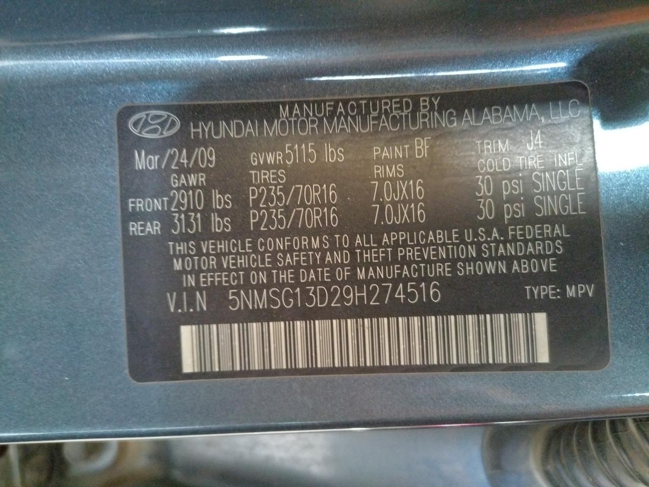 Photo 10 from auction – 2009 HYUNDAI SANTA FE G with VIN 5NMSG13D29H274516