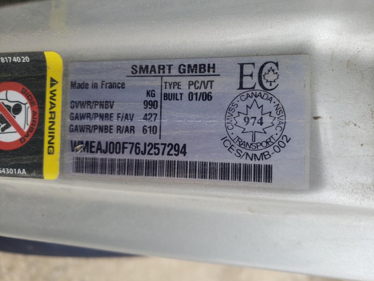 Photo 10 from auction – 2006 SMART FORTWO with VIN WMEAJ00F76J257294