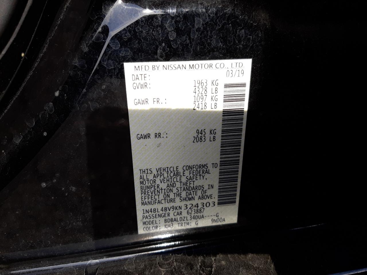 Photo 10 from auction – 2019 NISSAN ALTIMA S with VIN 1N4BL4BV9KN324303
