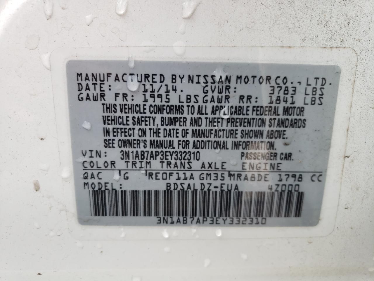 Photo 10 from auction – 2014 NISSAN SENTRA S with VIN 3N1AB7AP3EY332310