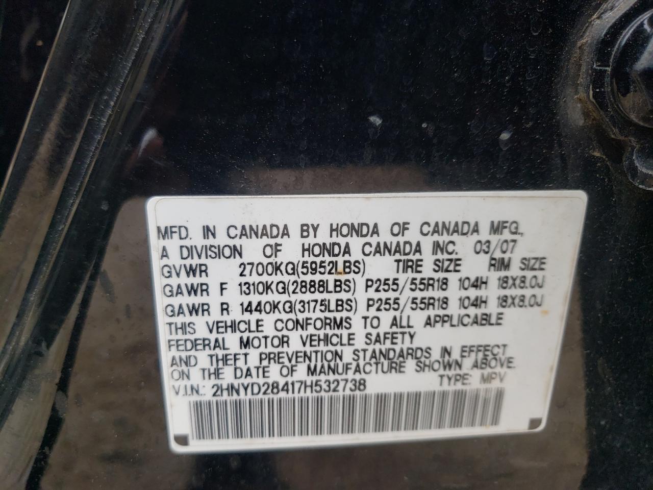 Photo 10 from auction – 2007 ACURA MDX TECHNO with VIN 2HNYD28417H532738