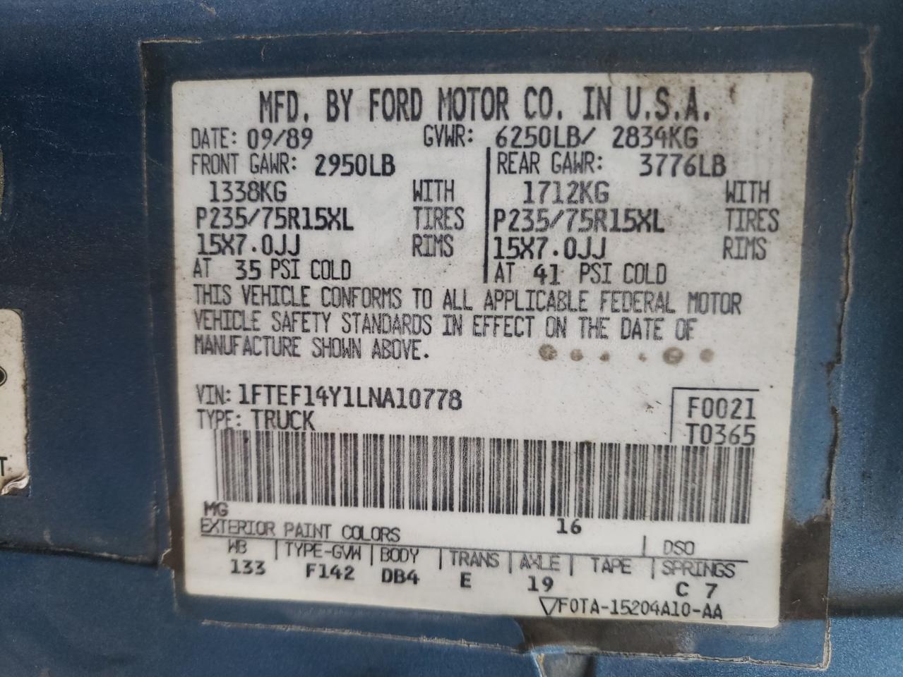 Photo 10 from auction – 1990 FORD F150 with VIN 1FTEF14Y1LNA10778