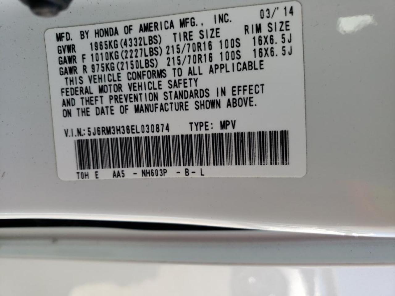 Photo 10 from auction – 2014 HONDA CR-V LX with VIN 5J6RM3H36EL030874