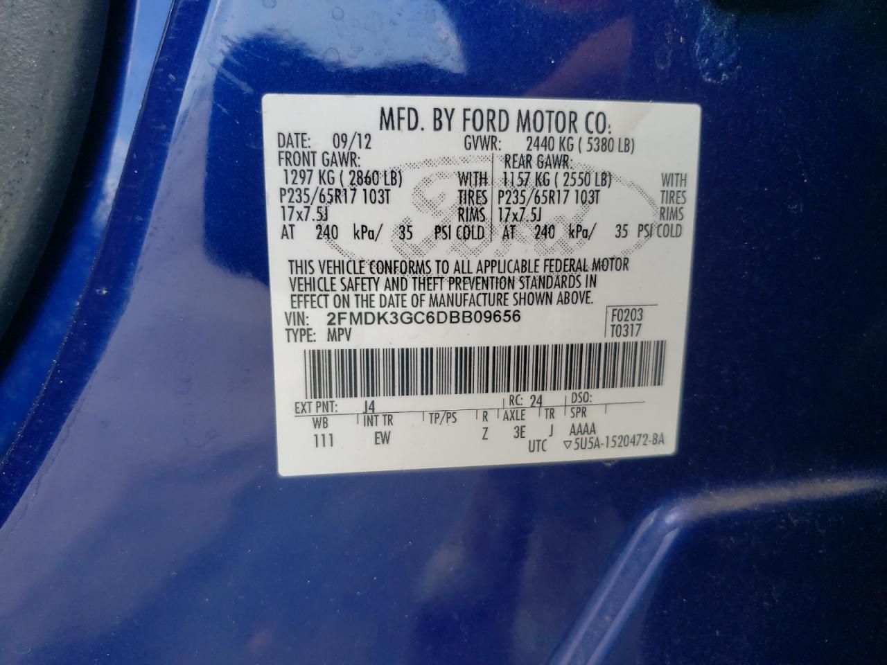 Photo 10 from auction – 2013 FORD EDGE SE with VIN 2FMDK3GC6DBB09656