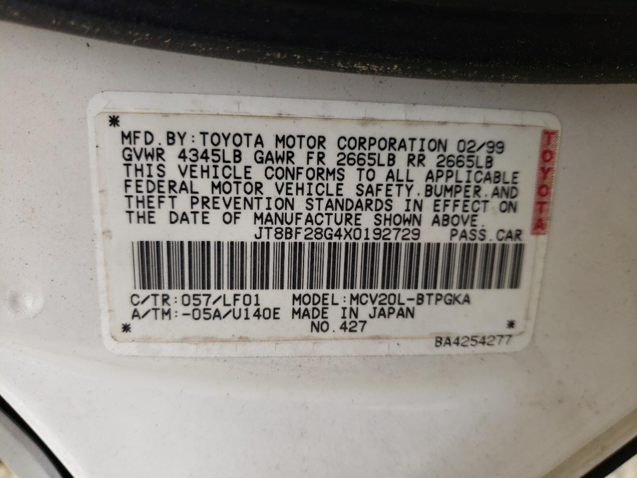 Photo 10 from auction – 1999 LEXUS ES 300 with VIN JT8BF28G4X0192729