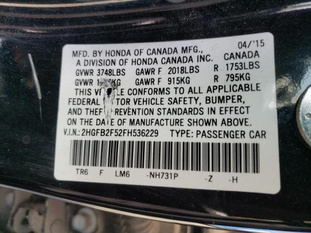 Photo 10 from auction – 2015 HONDA CIVIC LX with VIN 2HGFB2F52FH536229