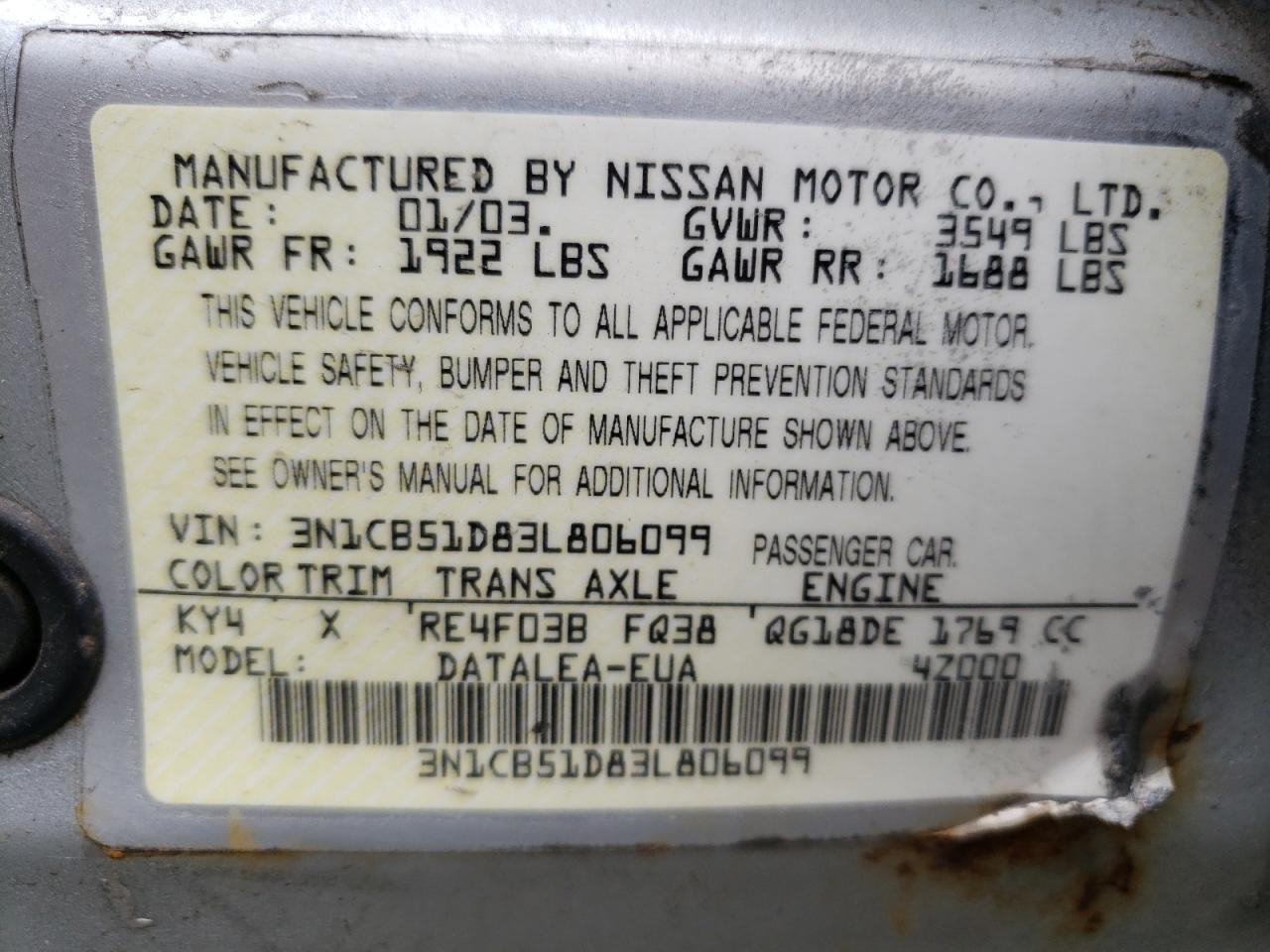 Photo 10 from auction – 2003 NISSAN SENTRA XE with VIN 3N1CB51D83L806099