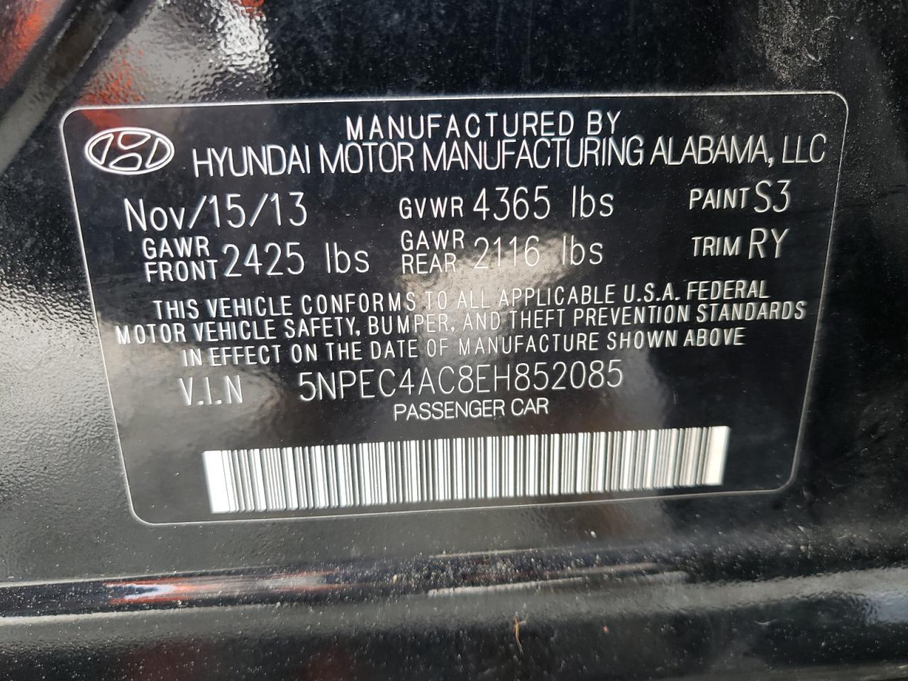 Photo 10 from auction – 2014 HYUNDAI SONATA SE with VIN 5NPEC4AC8EH852085