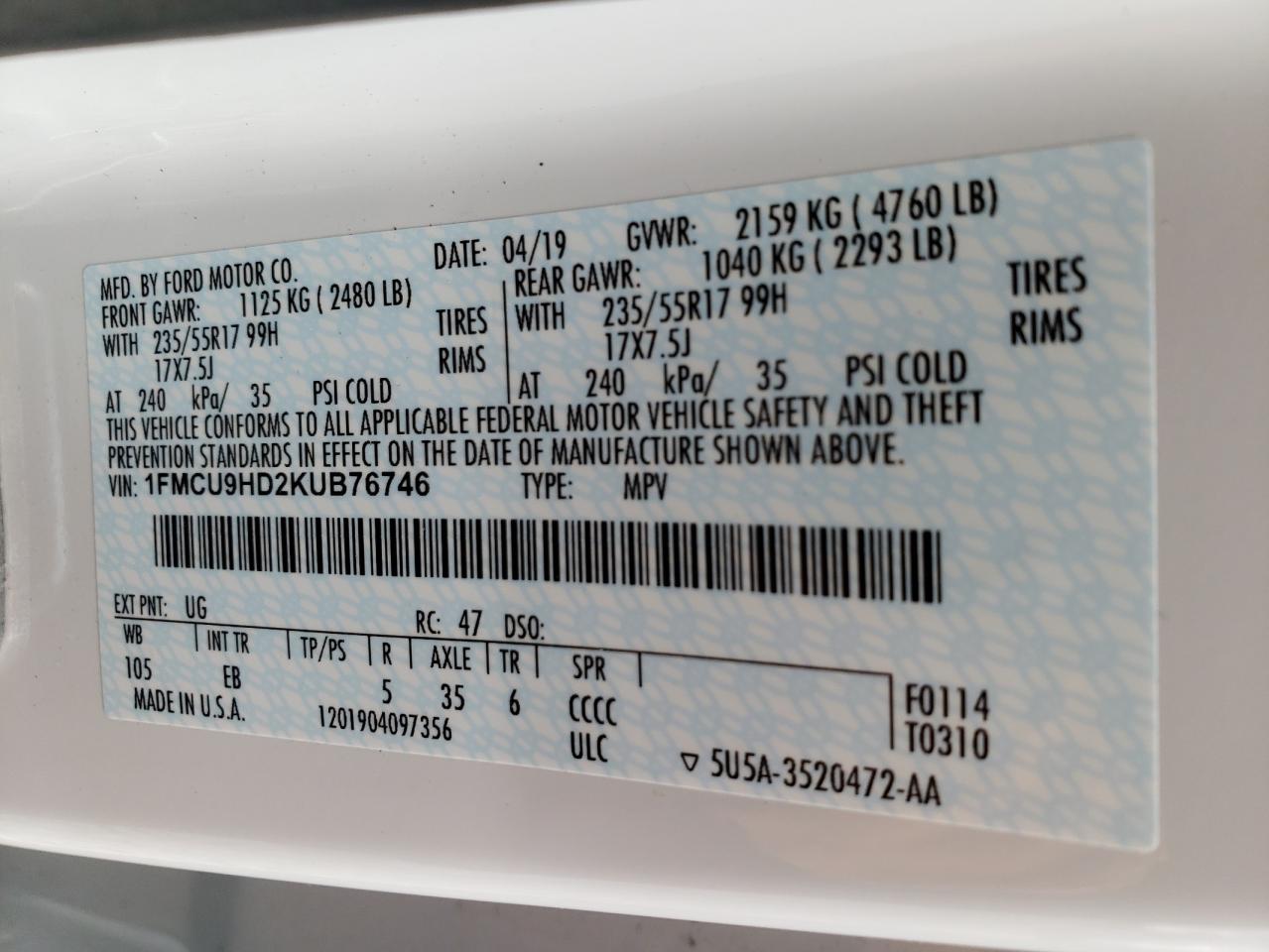 Photo 10 from auction – 2019 FORD ESCAPE SEL with VIN 1FMCU9HD2KUB76746