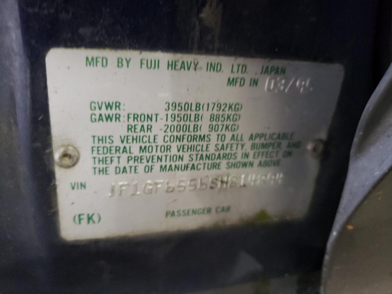 Photo 10 from auction – 1995 SUBARU IMPREZA LX with VIN JF1GF6556SH814894