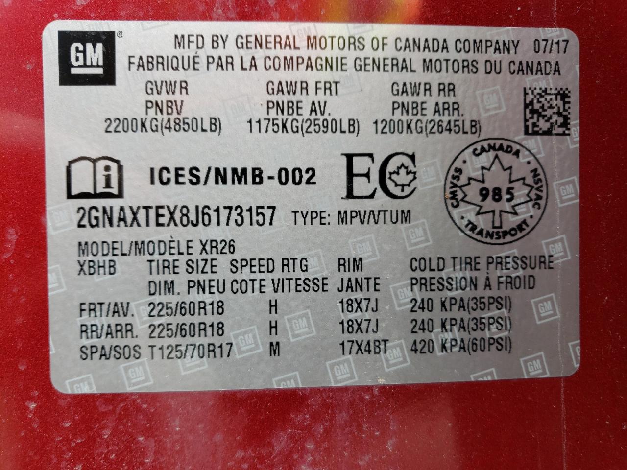 Photo 10 from auction – 2018 CHEVROLET EQUINOX LT with VIN 2GNAXTEX8J6173157