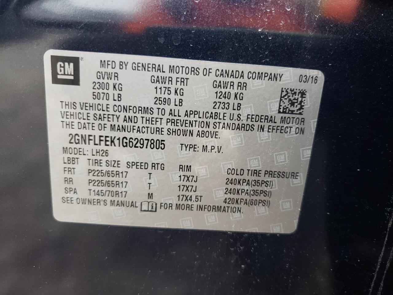 Photo 10 from auction – 2016 CHEVROLET EQUINOX LT with VIN 2GNFLFEK1G6297805