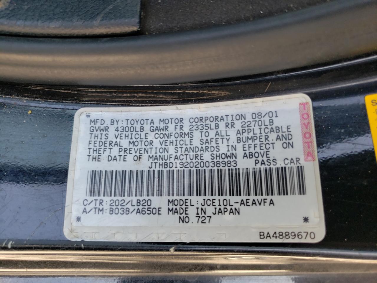 Photo 10 from auction – 2002 LEXUS IS 300 with VIN JTHBD192020038983