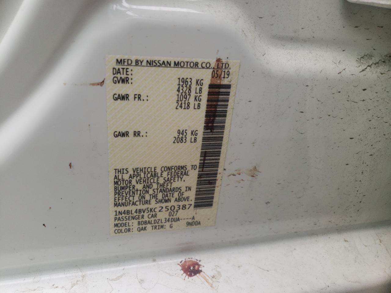 Photo 10 from auction – 2019 NISSAN ALTIMA S with VIN 1N4BL4BV5KC250387