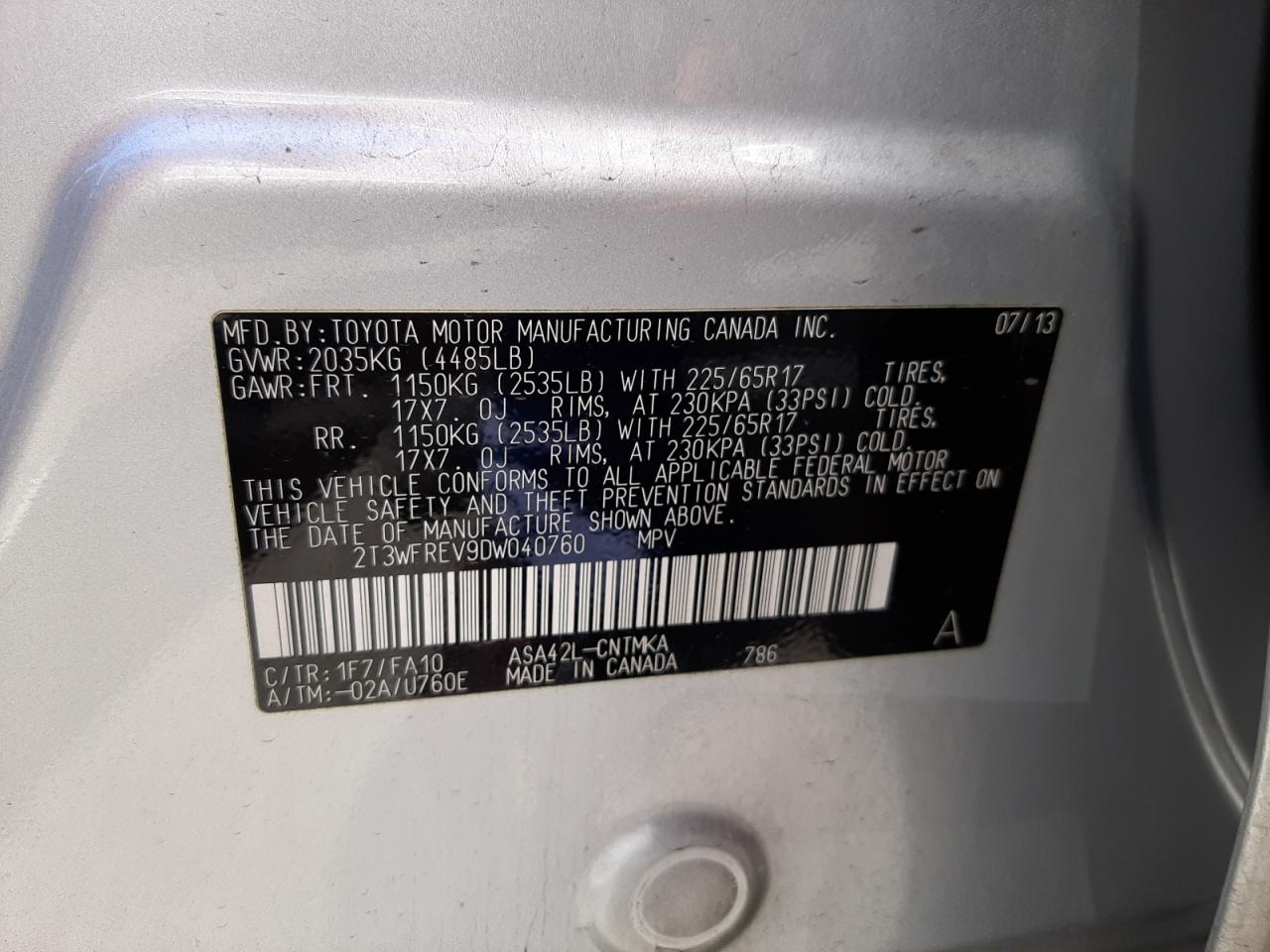 Photo 10 from auction – 2013 TOYOTA RAV4 XLE with VIN 2T3WFREV9DW040760