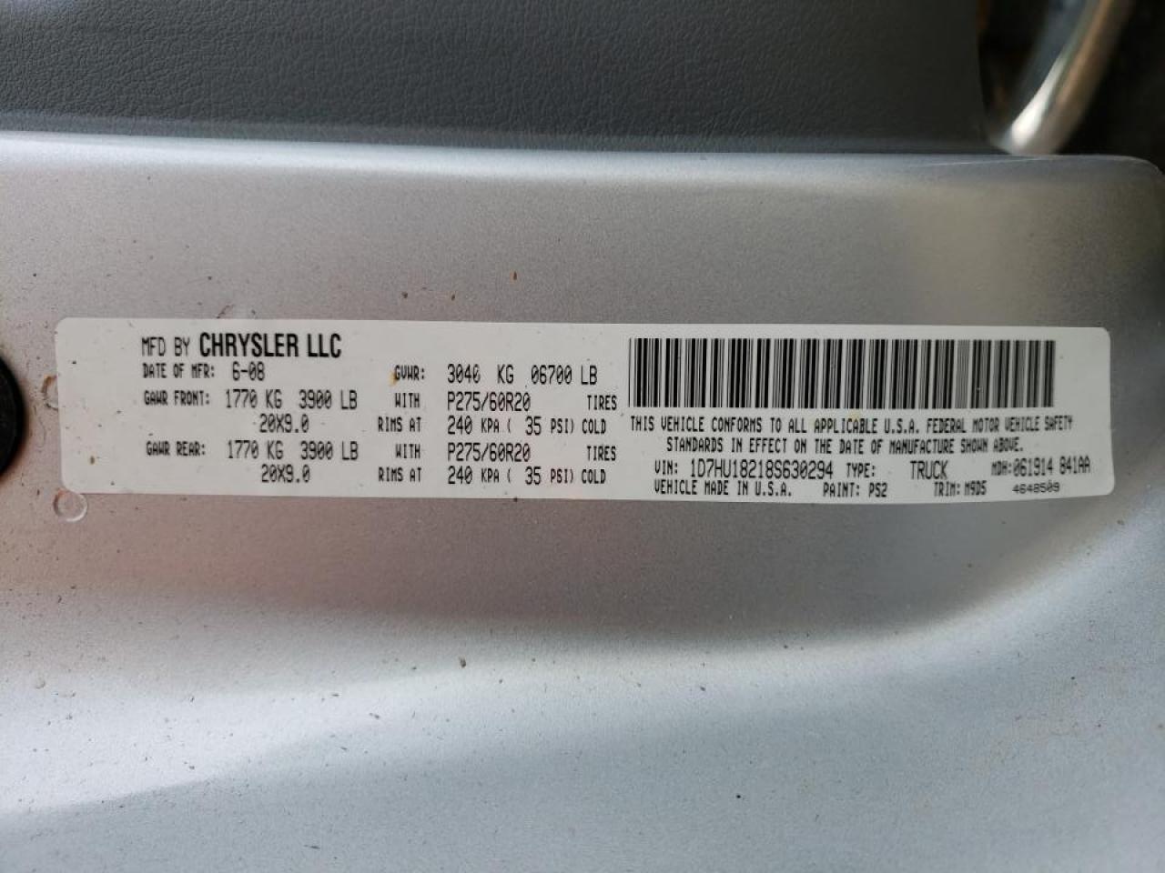 Photo 10 from auction – 2008 DODGE RAM 1500 S with VIN 1D7HU18218S630294