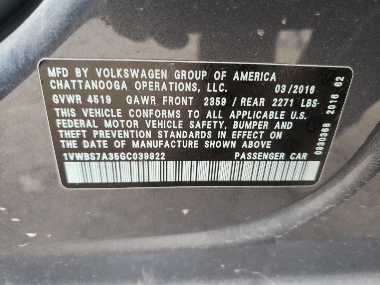Photo 10 from auction – 2016 VOLKSWAGEN PASSAT SE with VIN 1VWBS7A35GC039922