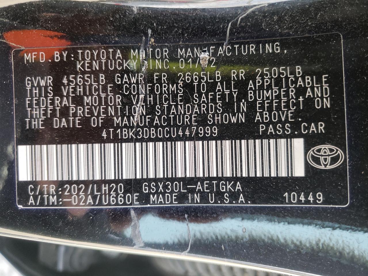 Photo 10 from auction – 2012 TOYOTA AVALON BAS with VIN 4T1BK3DB0CU447999