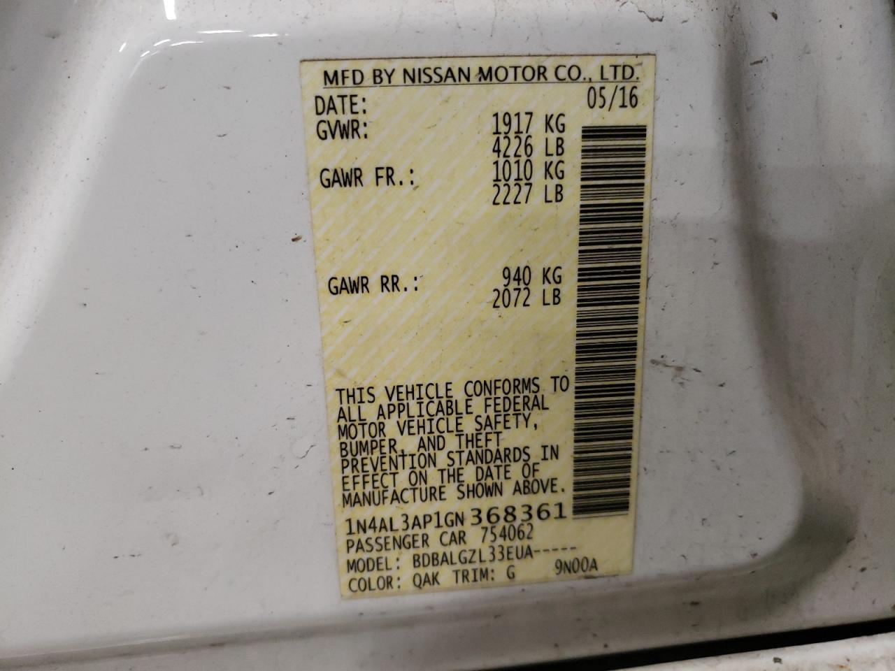 Photo 10 from auction – 2016 NISSAN ALTIMA 2.5 with VIN 1N4AL3AP1GN368361