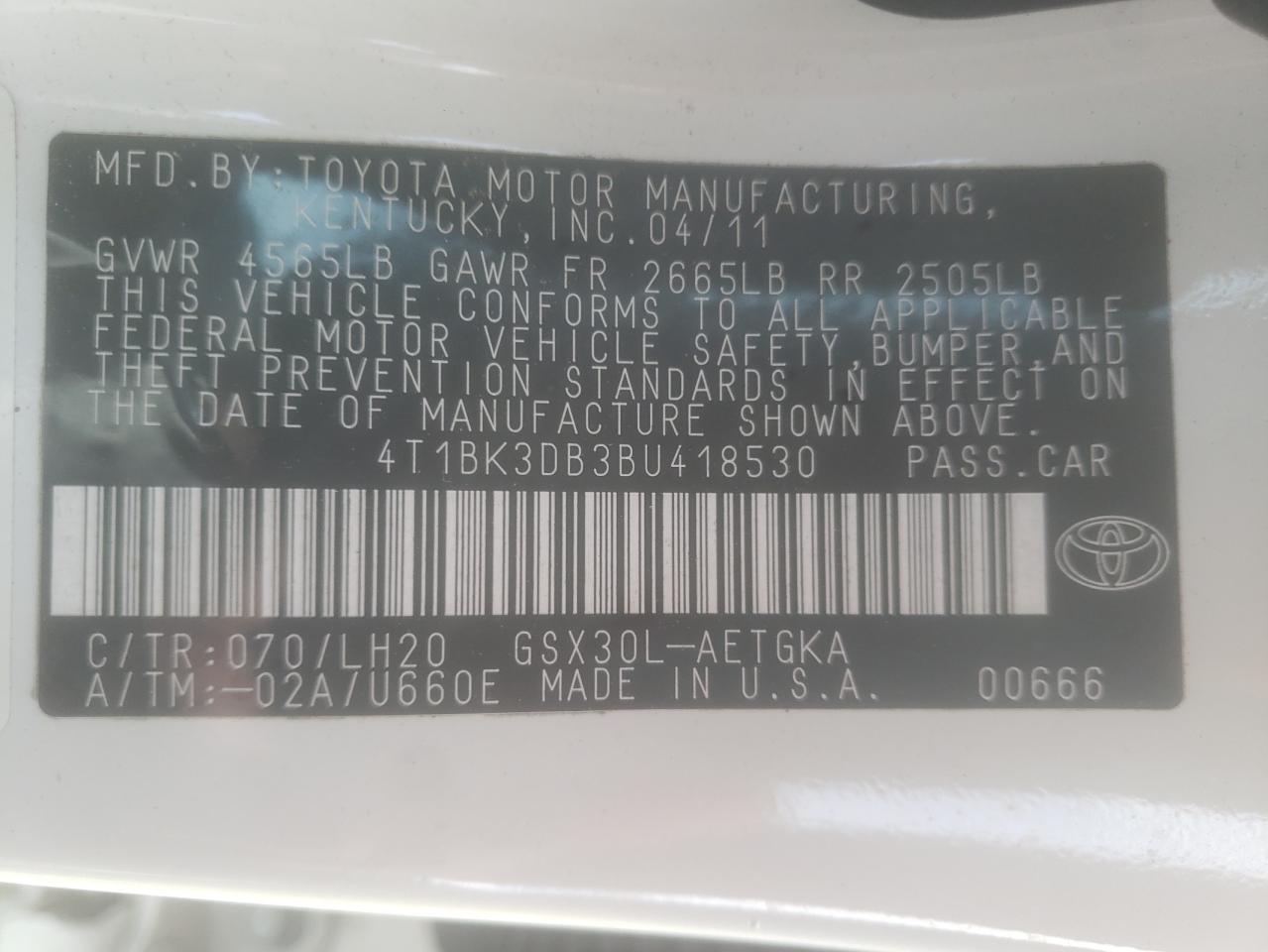 Photo 10 from auction – 2011 TOYOTA AVALON BAS with VIN 4T1BK3DB3BU418530