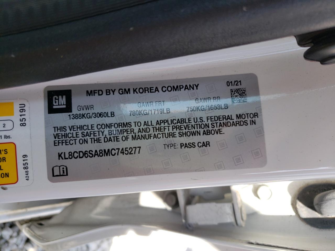 Photo 10 from auction – 2021 CHEVROLET SPARK 1LT with VIN KL8CD6SA8MC745277