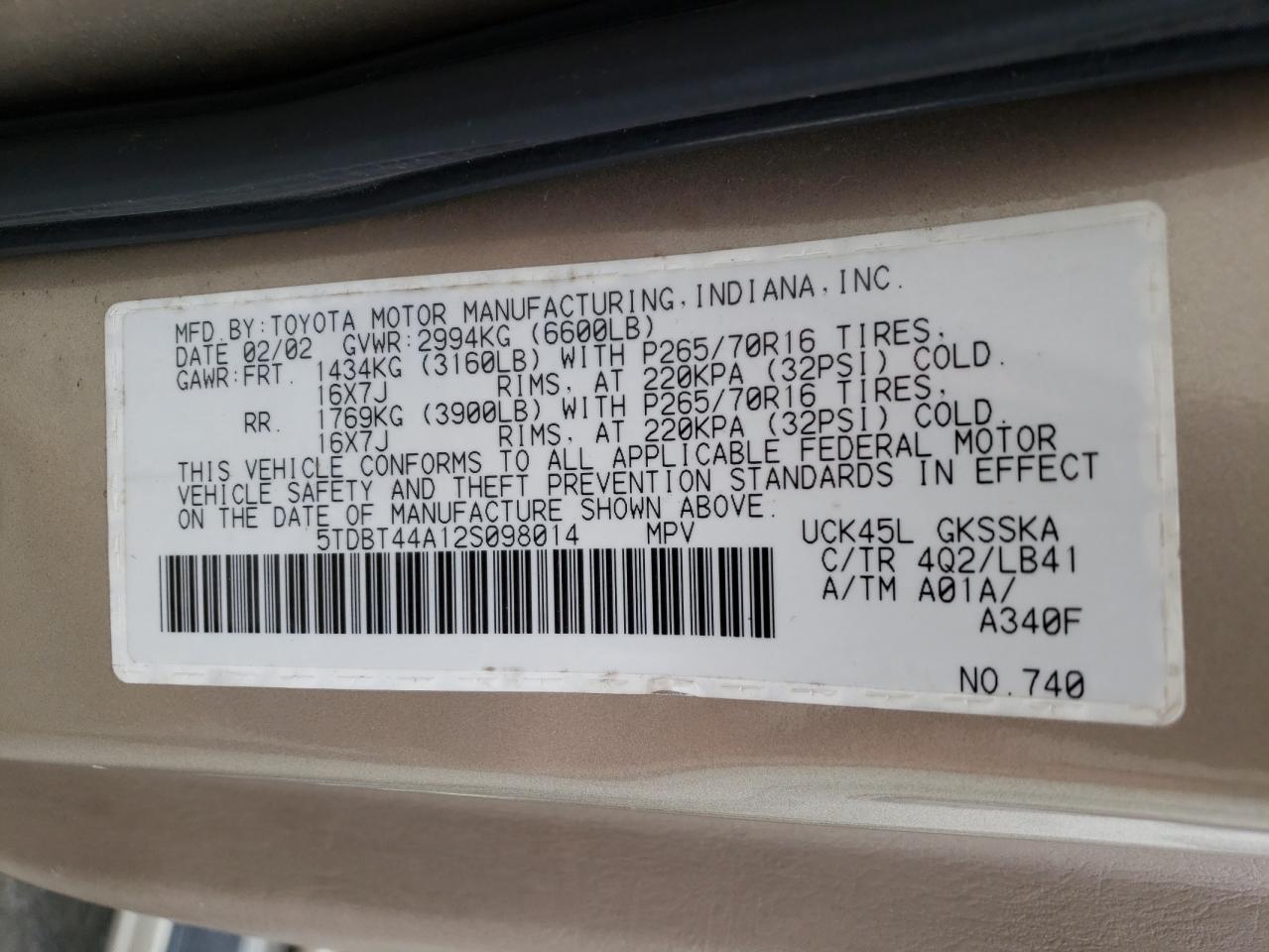 Photo 10 from auction – 2002 TOYOTA SEQUOIA SR with VIN 5TDBT44A12S098014