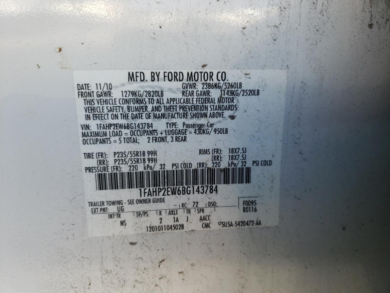 Photo 10 from auction – 2011 FORD TAURUS SEL with VIN 1FAHP2EW6BG143784
