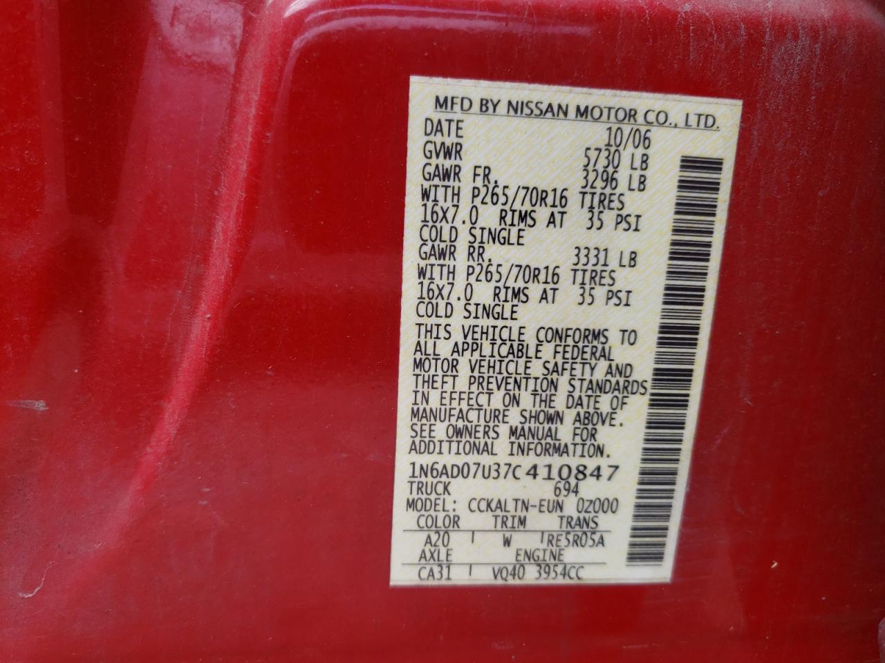Photo 10 from auction – 2007 NISSAN FRONTIER C with VIN 1N6AD07U37C410847