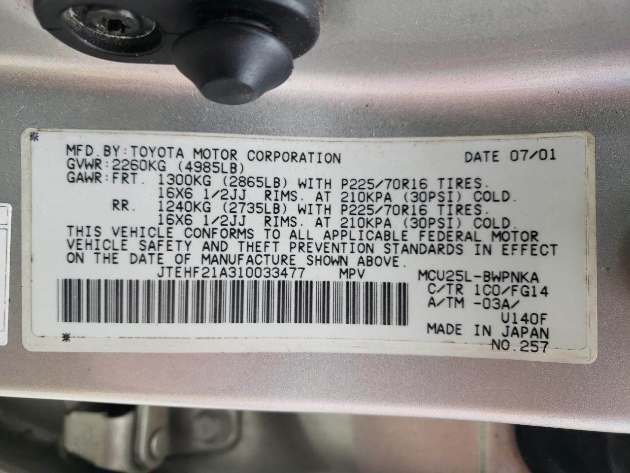 Photo 10 from auction – 2001 TOYOTA HIGHLANDER with VIN JTEHF21A310033477