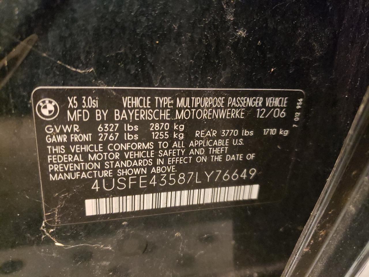 Photo 10 from auction – 2007 BMW X5 3.0I with VIN 4USFE43587LY76649