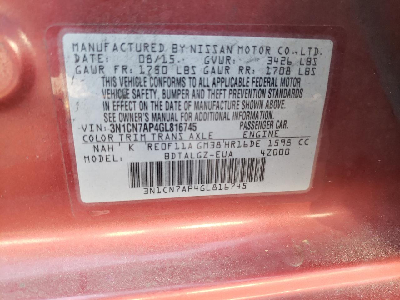 Photo 10 from auction – 2016 NISSAN VERSA S with VIN 3N1CN7AP4GL816745