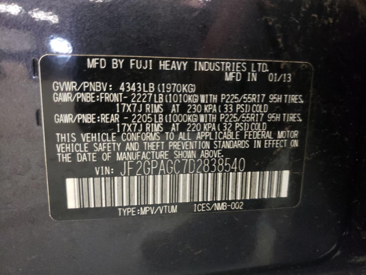 Photo 10 from auction – 2013 SUBARU XV CROSSTR with VIN JF2GPAGC7D2838540