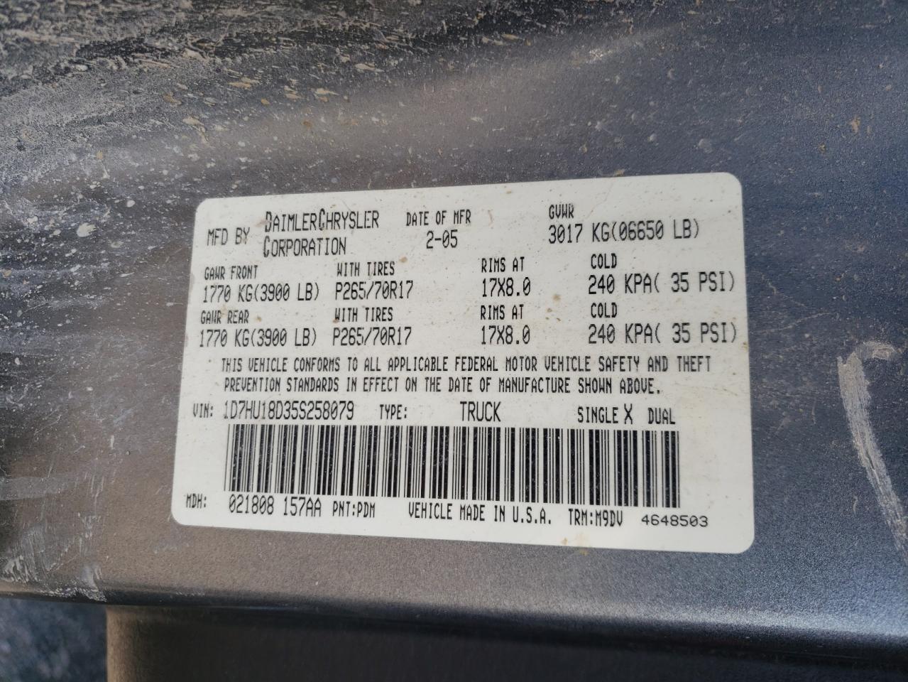 Photo 10 from auction – 2005 DODGE RAM 1500 S with VIN 1D7HU18D35S258079