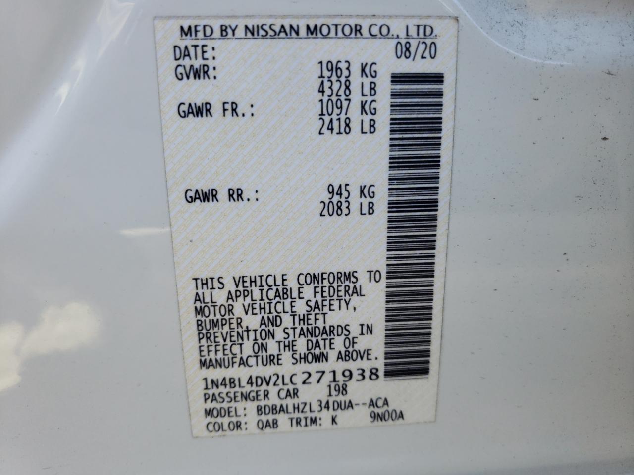 Photo 10 from auction – 2020 NISSAN ALTIMA SV with VIN 1N4BL4DV2LC271938