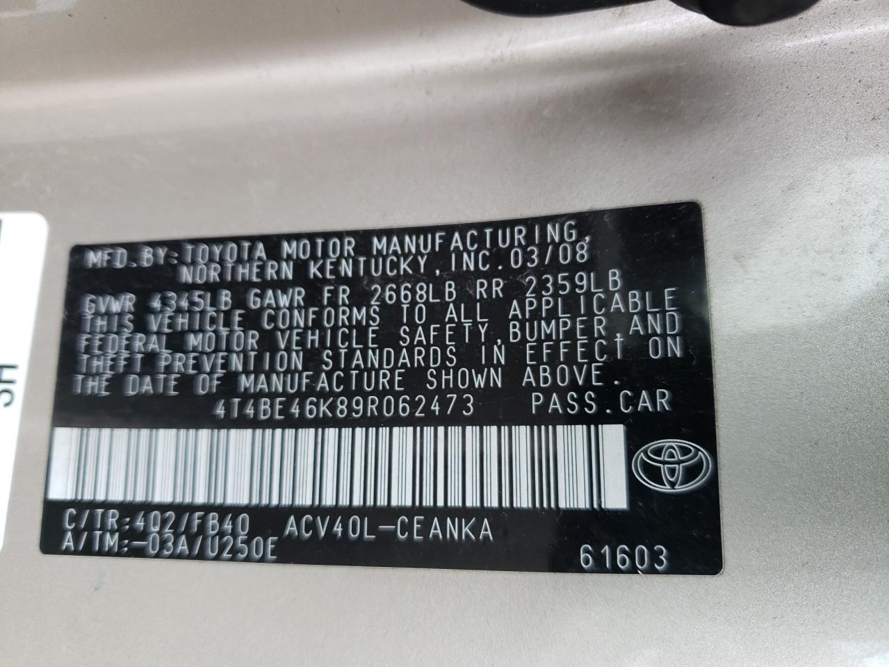 Photo 10 from auction – 2009 TOYOTA CAMRY BASE with VIN 4T4BE46K89R062473