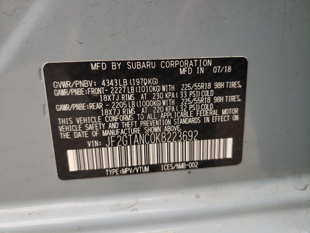 Photo 10 from auction – 2019 SUBARU CROSSTREK with VIN JF2GTANC0K8223692