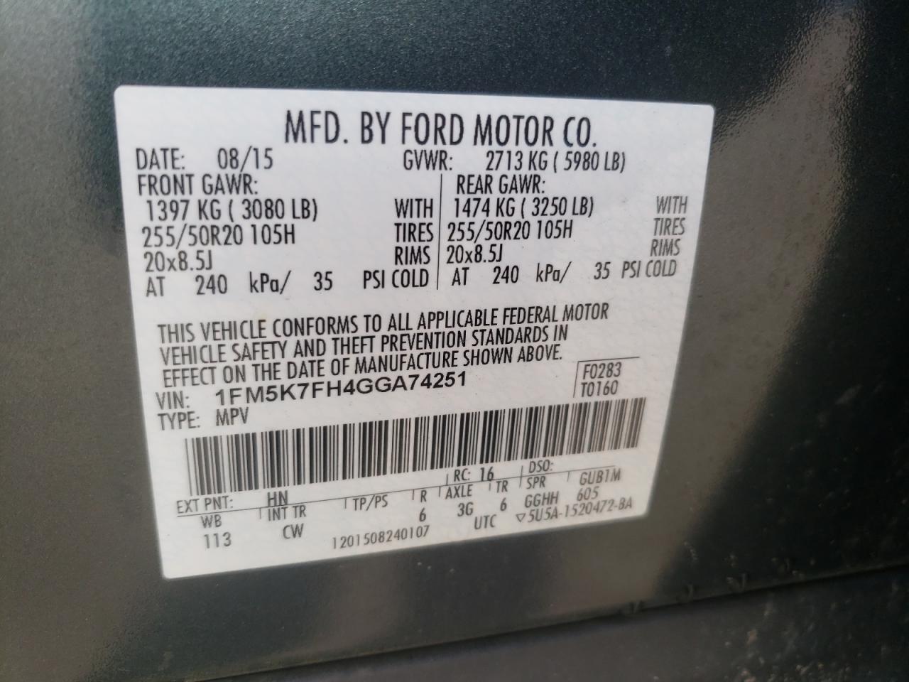 Photo 10 from auction – 2016 FORD EXPLORER L with VIN 1FM5K7FH4GGA74251
