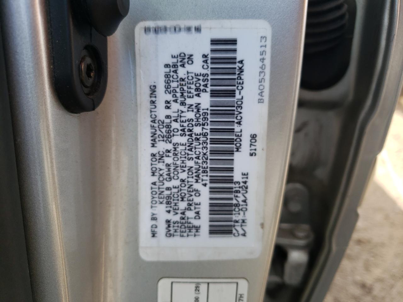 Photo 10 from auction – 2003 TOYOTA CAMRY LE with VIN 4T1BE32K33U675991