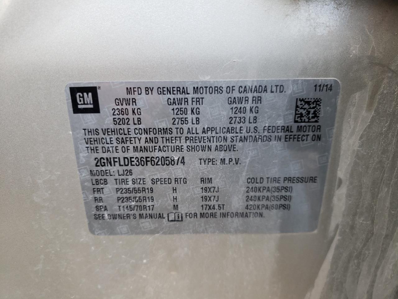 Photo 10 from auction – 2015 CHEVROLET EQUINOX LT with VIN 2GNFLDE36F6205874