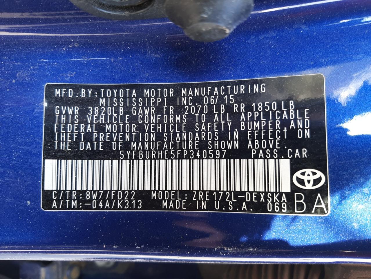 Photo 10 from auction – 2015 TOYOTA COROLLA L with VIN 5YFBURHE5FP340597