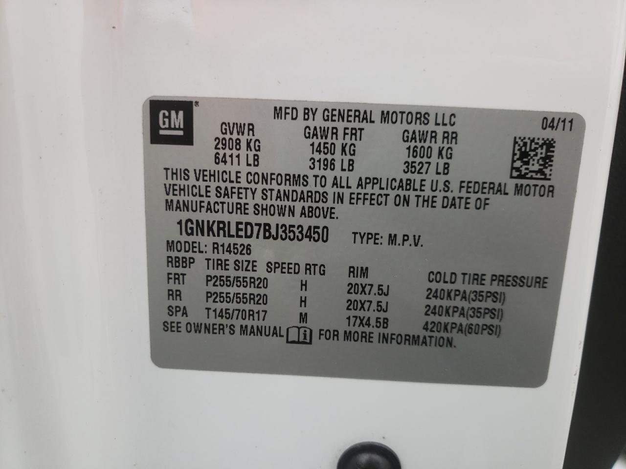 Photo 10 from auction – 2011 CHEVROLET TRAVERSE L with VIN 1GNKRLED7BJ353450