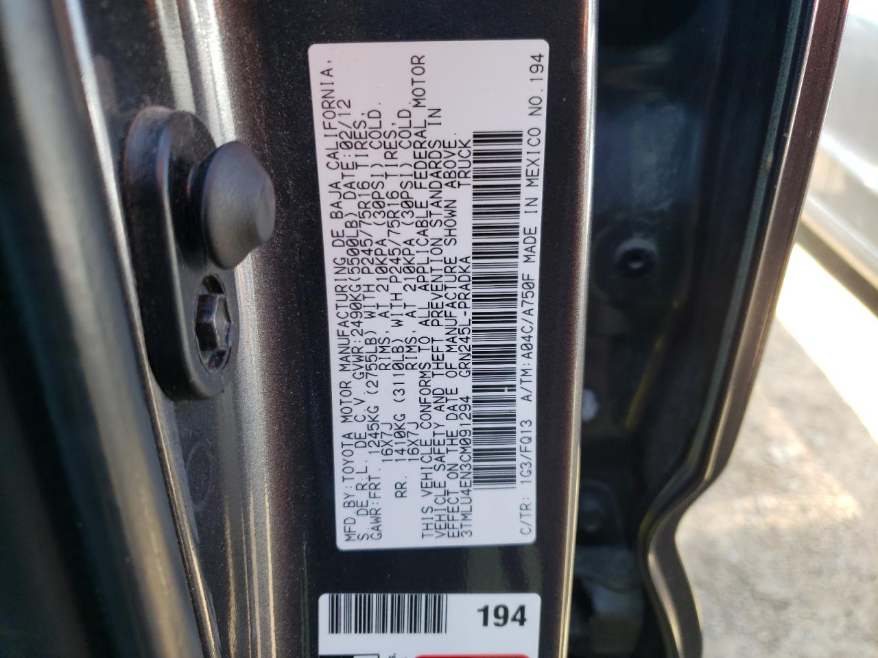Photo 10 from auction – 2012 TOYOTA TACOMA DOU with VIN 3TMLU4EN3CM091294