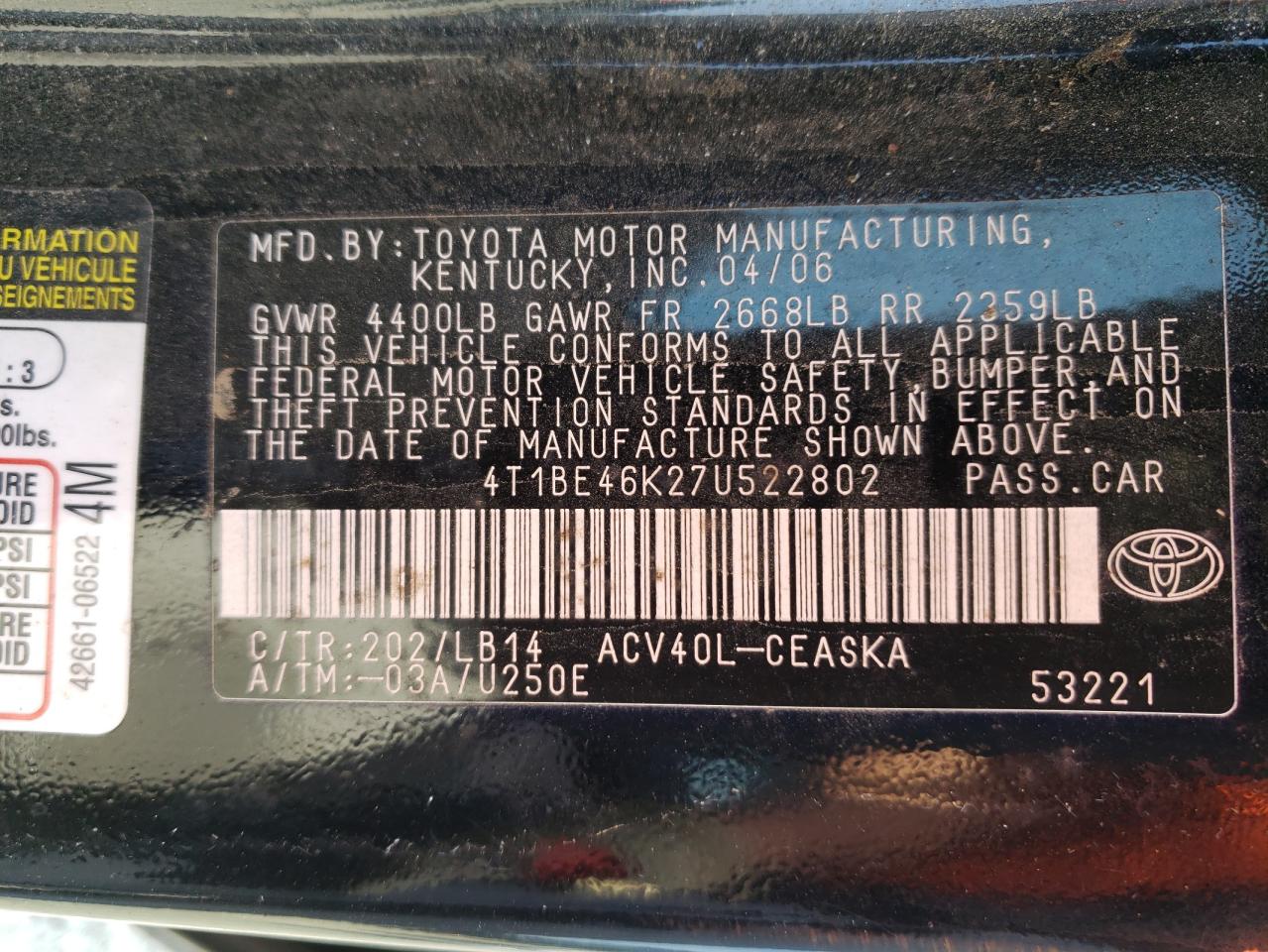 Photo 10 from auction – 2007 TOYOTA CAMRY with VIN 4T1BE46K27U522802
