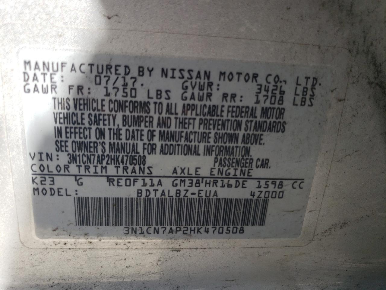 Photo 10 from auction – 2017 NISSAN VERSA S with VIN 3N1CN7AP2HK470508