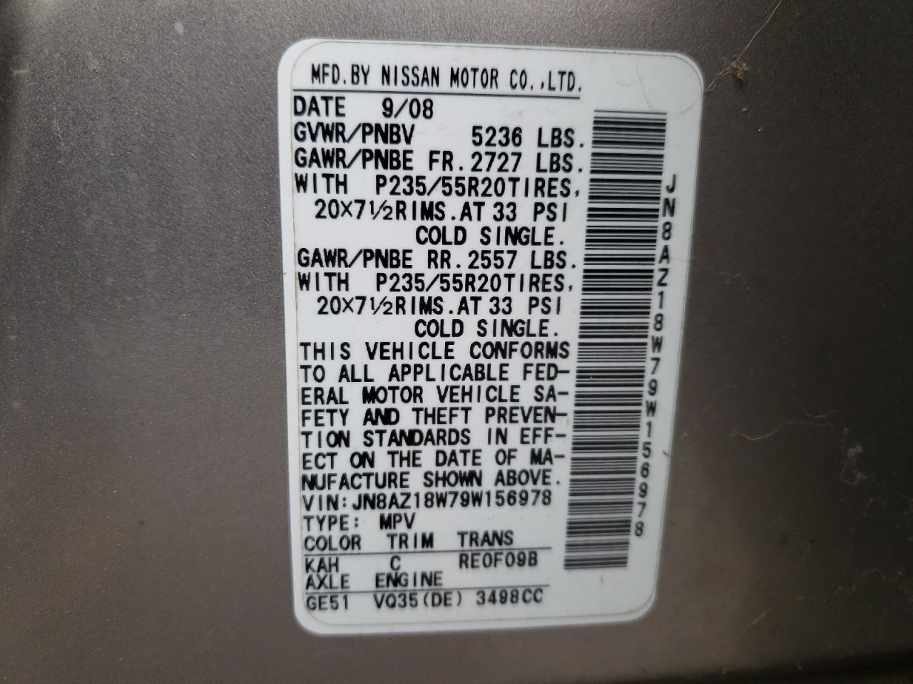 Photo 10 from auction – 2009 NISSAN MURANO S with VIN JN8AZ18W79W156978